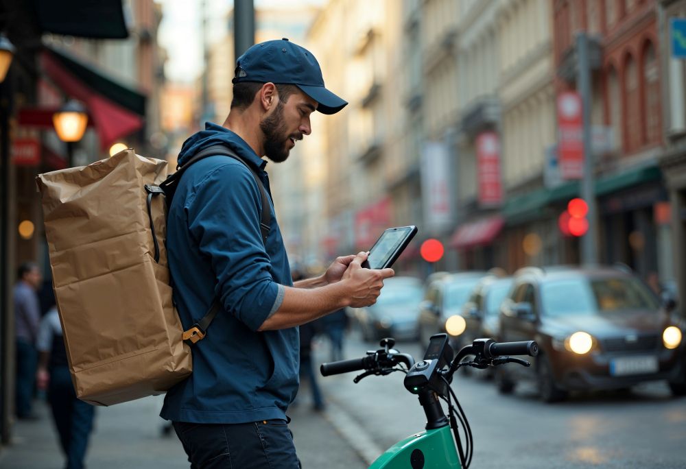 gig delivery rider checking a phone before a Dubai shift