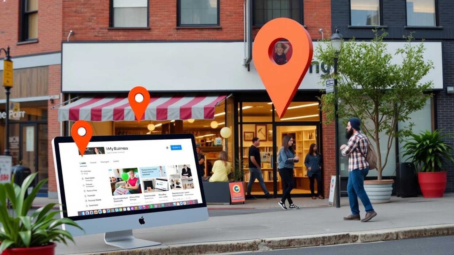 a franchise storefront beside a phone showing an outdated Google listing